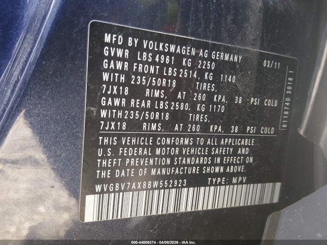 44806374 :رقم المزاد ، WVGBV7AX8BW552923 vin ، 2011 Volkswagen Tiguan Se مزاد بيع