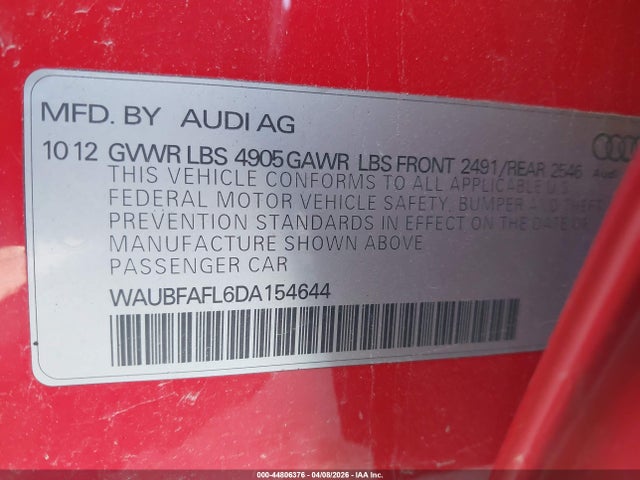 2013 Audi A4 2.0t Premium მანქანა იყიდება აუქციონზე, vin: WAUBFAFL6DA154644, აუქციონის ნომერი: 44806376