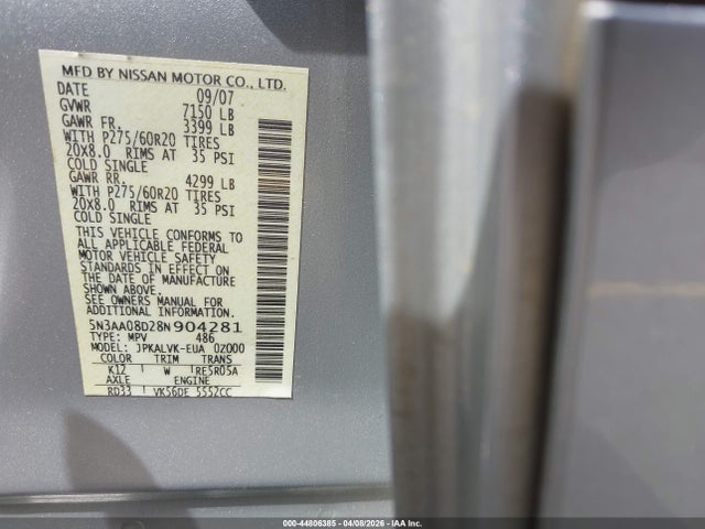 Aukcja sprzedaży 2008 Infiniti Qx56, vin: 5N3AA08D28N904281, numer aukcji: 44806385
