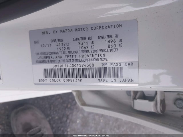 44806390 :رقم المزاد ، JM1BL1L40C1574388 vin ، 2012 Mazda Mazdaspeed3 Touring مزاد بيع