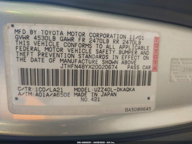 2002 Lexus Sc 430 მანქანა იყიდება აუქციონზე, vin: JTHFN48YX20020674, აუქციონის ნომერი: 44806391