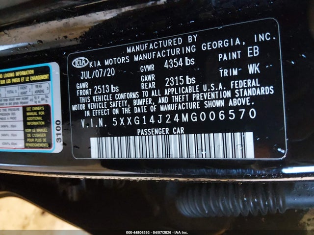 44806393 :رقم المزاد ، 5XXG14J24MG006570 vin ، 2021 Kia K5 Lxs مزاد بيع