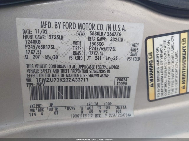 Продажа на аукционе авто 2003 Ford Explorer Nbx/xlt, vin: 1FMZU73K23ZA33711, номер лота: 44806406