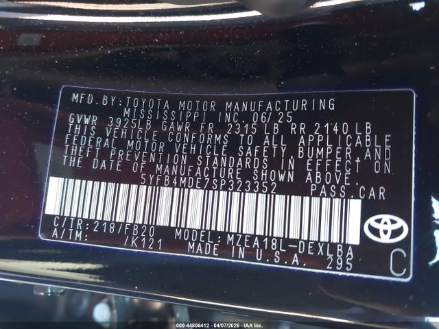 Aukcja sprzedaży 2025 Toyota Corolla Le, vin: 5YFB4MDE7SP323352, numer aukcji: 44806412