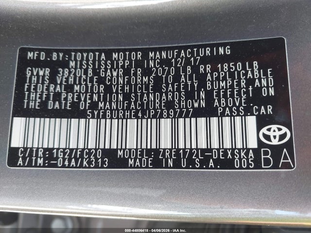5YFBURHE4JP789777 Toyota COROLLA SE