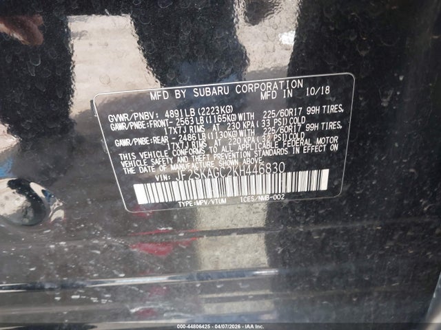 Aukcja sprzedaży 2019 Subaru Forester Premium, vin: JF2SKAGC2KH446830, numer aukcji: 44806425