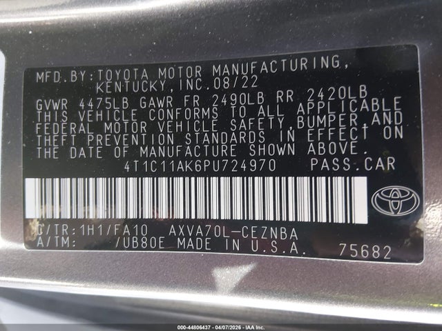 Продаж на аукціоні авто 2023 Toyota Camry Le, vin: 4T1C11AK6PU724970, номер лоту: 44806437