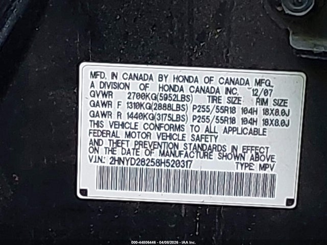 44806446 :رقم المزاد ، 2HNYD28258H520317 vin ، 2008 Acura Mdx مزاد بيع