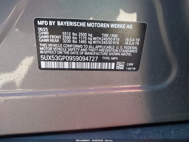 Продаж на аукціоні авто 2025 Bmw X3 30 Xdrive, vin: 5UX53GP09S9094727, номер лоту: 44806451