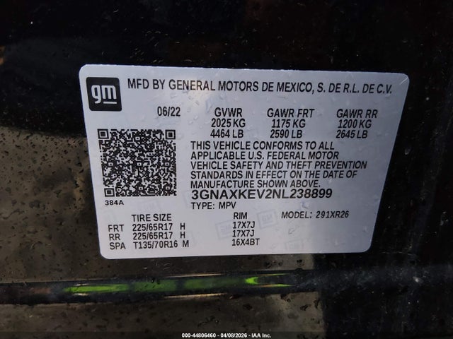 44806460 :رقم المزاد ، 3GNAXKEV2NL238899 vin ، 2022 Chevrolet Equinox Fwd Lt مزاد بيع