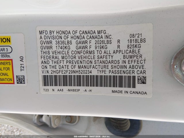 Продажа на аукционе авто 2022 Honda Civic Lx, vin: 2HGFE2F29NH520234, номер лота: 44806464