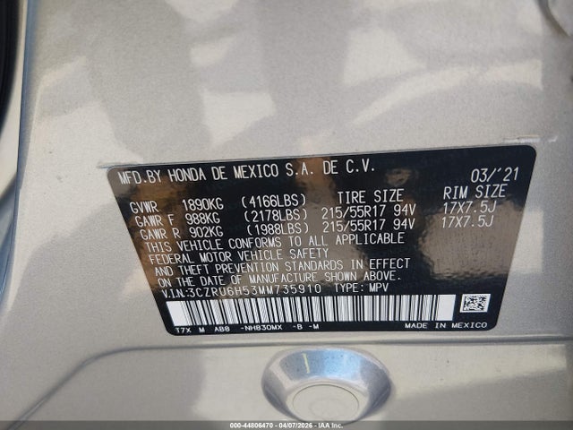 2021 Honda Hr-v Awd Ex მანქანა იყიდება აუქციონზე, vin: 3CZRU6H53MM735910, აუქციონის ნომერი: 44806470