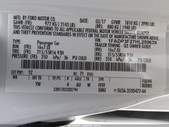 44806476 :رقم المزاد ، 1FADP3F27HL259639 vin ، 2017 Ford Focus Se مزاد بيع