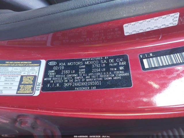 2019 Kia Forte Lxs მანქანა იყიდება აუქციონზე, vin: 3KPF24ADXKE095951, აუქციონის ნომერი: 44806486