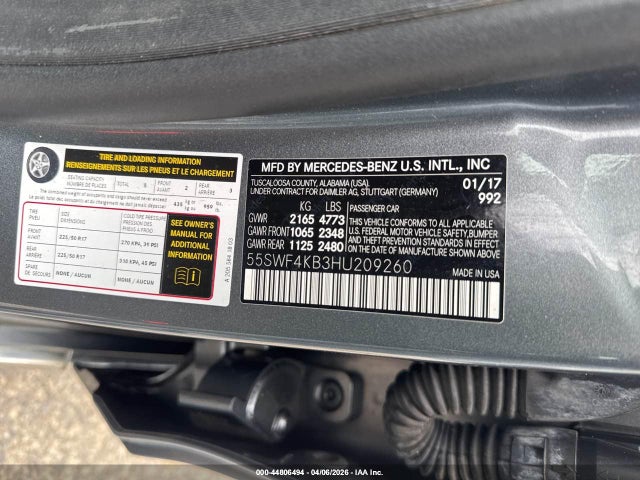 Aukcja sprzedaży 2017 Mercedes-benz C 300 4matic, vin: 55SWF4KB3HU209260, numer aukcji: 44806494
