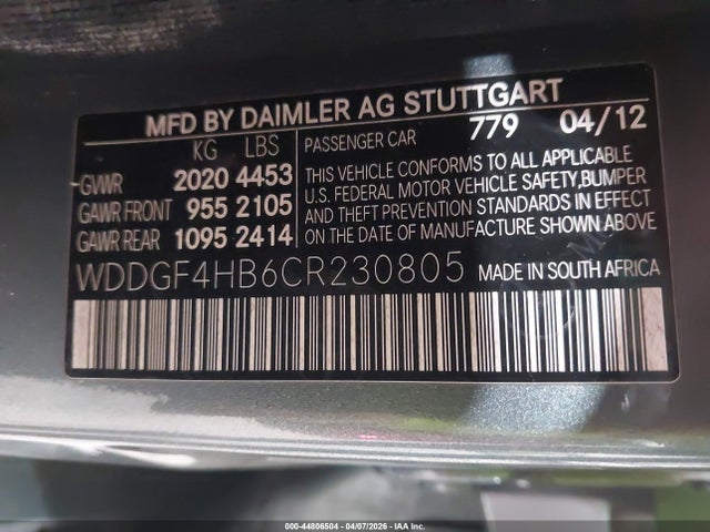 Aukcja sprzedaży 2012 Mercedes-benz C 250 Sport, vin: WDDGF4HB6CR230805, numer aukcji: 44806504