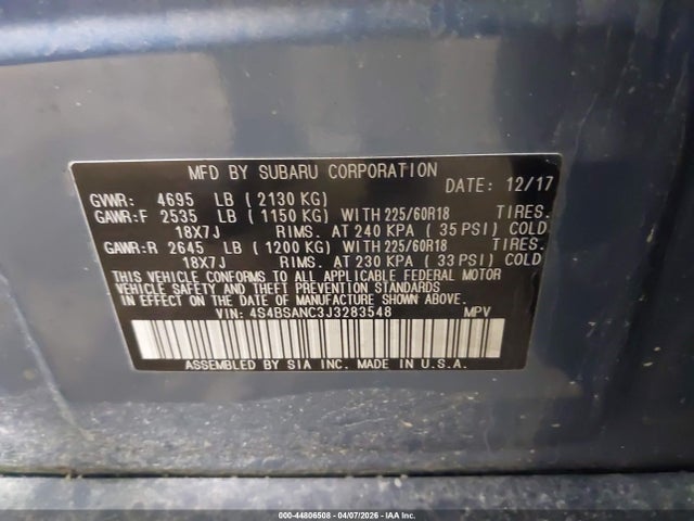 Aukcja sprzedaży 2018 Subaru Outback 2.5i Limited, vin: 4S4BSANC3J3283548, numer aukcji: 44806508