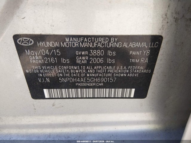 2016 Hyundai Elantra Se მანქანა იყიდება აუქციონზე, vin: 5NPDH4AE5GH690157, აუქციონის ნომერი: 44806511