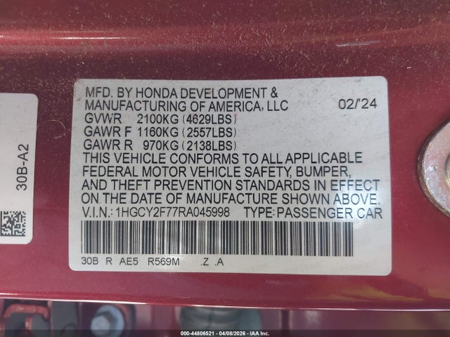 2024 Honda Accord Hybrid Sport-l მანქანა იყიდება აუქციონზე, vin: 1HGCY2F77RA045998, აუქციონის ნომერი: 44806521