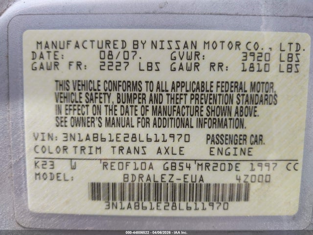 Aukcja sprzedaży 2008 Nissan Sentra 2.0s, vin: 3N1AB61E28L611970, numer aukcji: 44806522