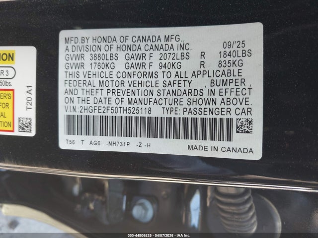 Продажа на аукционе авто 2026 Honda Civic Sport, vin: 2HGFE2F50TH525118, номер лота: 44806525