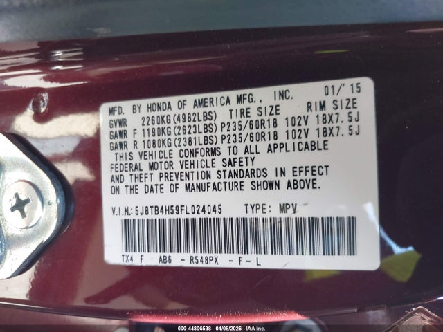 44806538 :رقم المزاد ، 5J8TB4H59FL024045 vin ، 2015 Acura Rdx مزاد بيع