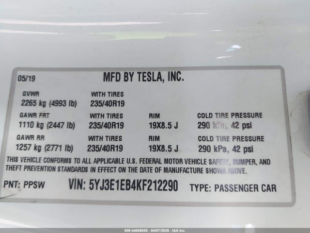 Aukcja sprzedaży 2019 Tesla Model 3 Long Range/performance, vin: 5YJ3E1EB4KF212290, numer aukcji: 44806550