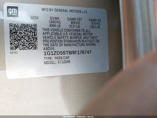 44806559 :رقم المزاد ، 1G1ZD5ST6RF176747 vin ، 2024 Chevrolet Malibu Fwd 1lt مزاد بيع