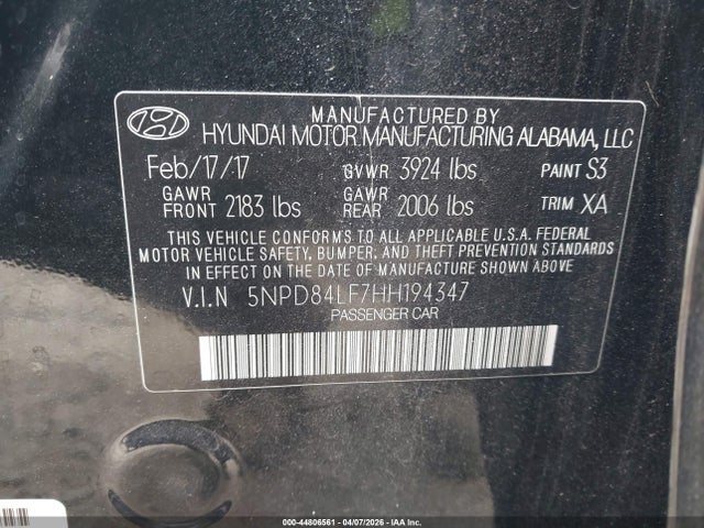 44806561 :رقم المزاد ، 5NPD84LF7HH194347 vin ، 2017 Hyundai Elantra Se مزاد بيع