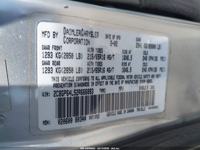 Продаж на аукціоні авто 2002 Chrysler Town & Country Limited, vin: 2C8GP64L52R666893, номер лоту: 44806562
