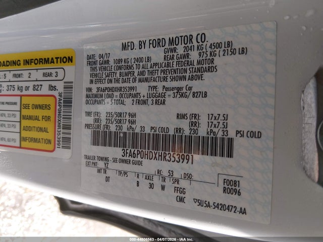 2017 Ford Fusion Se მანქანა იყიდება აუქციონზე, vin: 3FA6P0HDXHR353991, აუქციონის ნომერი: 44806563