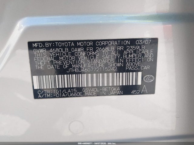 Aukcja sprzedaży 2007 Lexus Es 350, vin: JTHBJ46G772115242, numer aukcji: 44806571