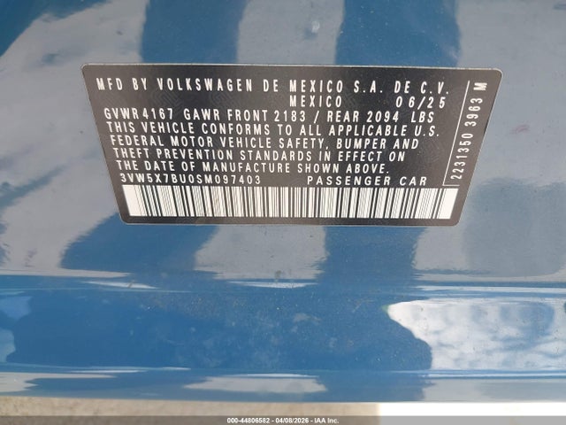 44806582 :رقم المزاد ، 3VW5X7BU0SM097403 vin ، 2025 Volkswagen Jetta 1.5t S مزاد بيع