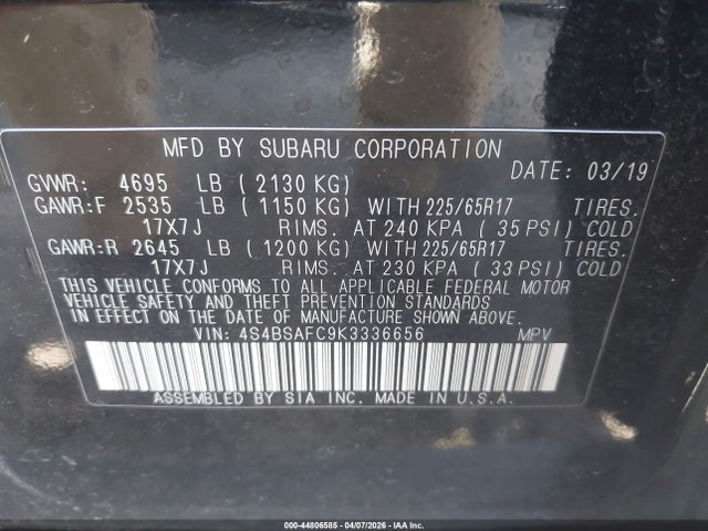 Продаж на аукціоні авто 2019 Subaru Outback 2.5i Premium, vin: 4S4BSAFC9K3336656, номер лоту: 44806585