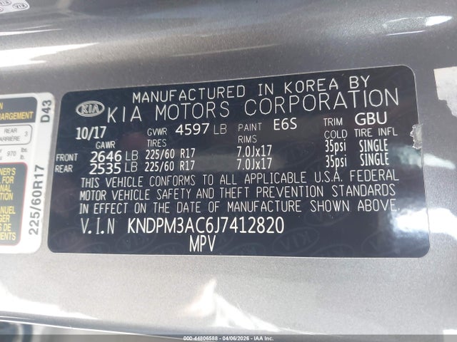 44806588 :رقم المزاد ، KNDPM3AC6J7412820 vin ، 2018 Kia Sportage Lx مزاد بيع