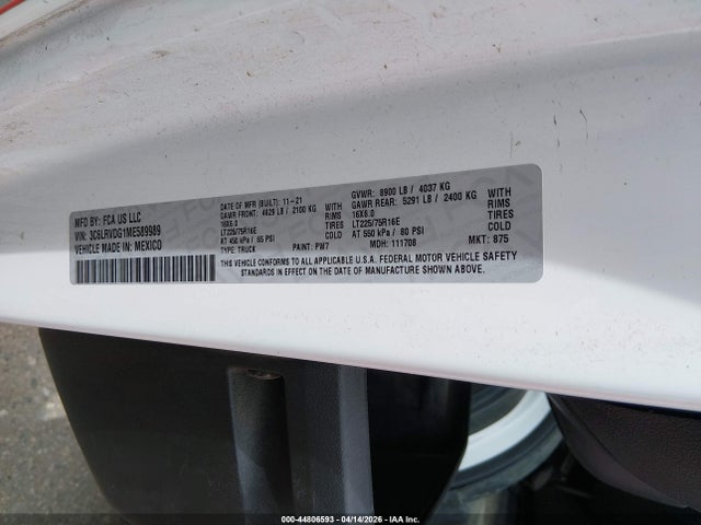 Продаж на аукціоні авто 2021 Ram Promaster 2500 High Roof 159 Wb, vin: 3C6LRVDG1ME589989, номер лоту: 44806593