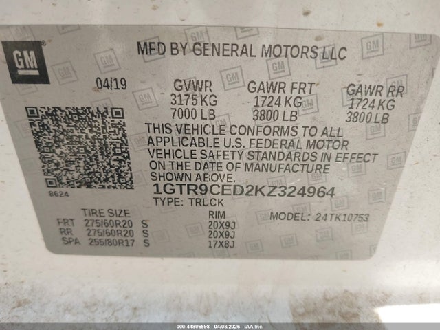 Aukcja sprzedaży 2019 Gmc Sierra 1500 Elevation, vin: 1GTR9CED2KZ324964, numer aukcji: 44806598