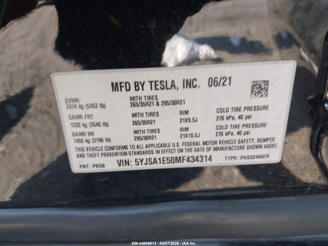 44806613 :رقم المزاد ، 5YJSA1E50MF434314 vin ، 2021 Tesla Model S Long Range Dual Motor All-wheel Drive مزاد بيع