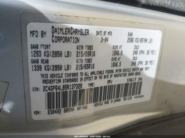 Продаж на аукціоні авто 2005 Chrysler Town & Country Limited, vin: 2C4GP64L85R137329, номер лоту: 44806620
