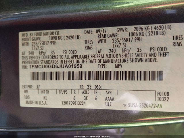 1FMCU0GD6JUA01959 Ford ESCAPE SE