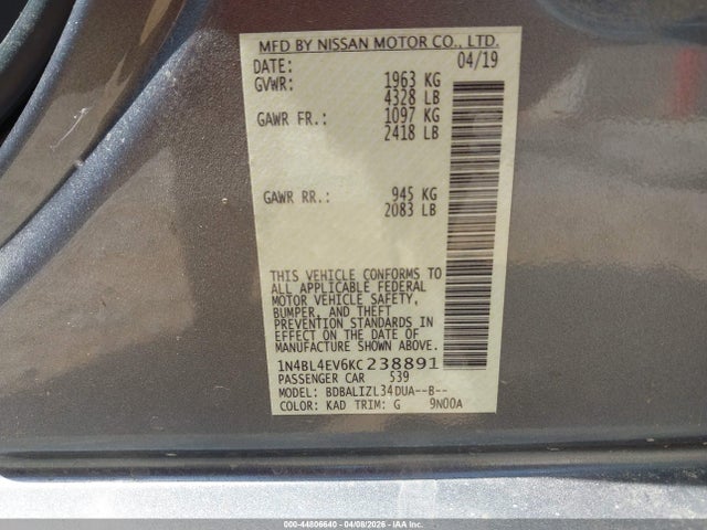 44806640 :رقم المزاد ، 1N4BL4EV6KC238891 vin ، 2019 Nissan Altima 2.5 Sl مزاد بيع
