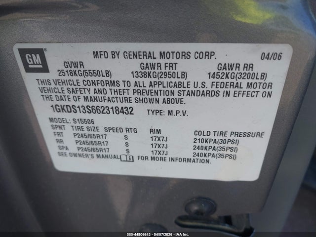 44806643 :رقم المزاد ، 1GKDS13S662318432 vin ، 2006 Gmc Envoy Slt مزاد بيع