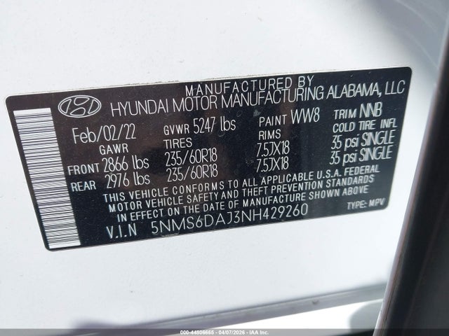 Продаж на аукціоні авто 2022 Hyundai Santa Fe Xrt, vin: 5NMS6DAJ3NH429260, номер лоту: 44806665