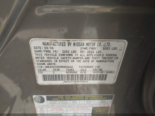 44806682 :رقم المزاد ، JNKAY01E87M304444 vin ، 2007 Infiniti M35 مزاد بيع