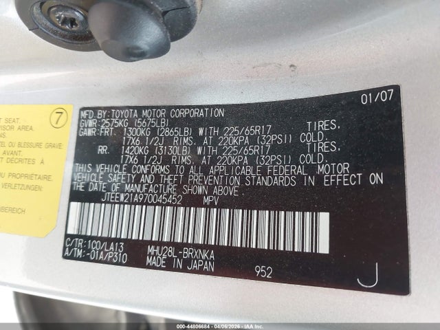 Aukcja sprzedaży 2007 Toyota Highlander Hybrid Limited V6, vin: JTEEW21A970045452, numer aukcji: 44806684