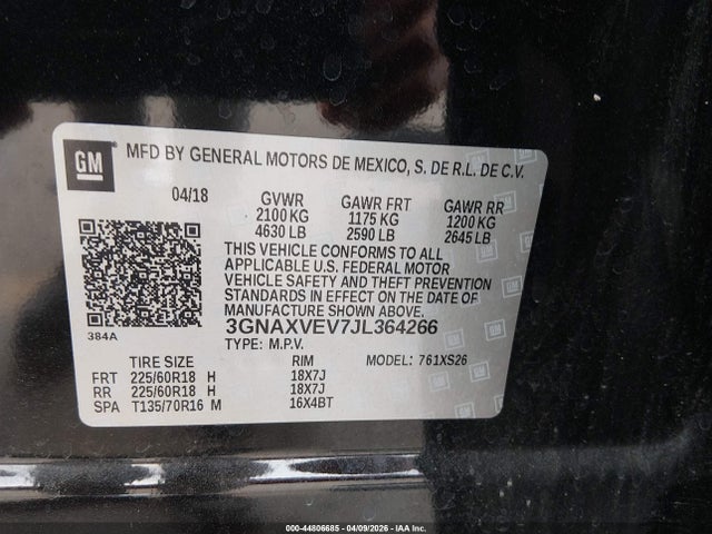 Aukcja sprzedaży 2018 Chevrolet Equinox Premier, vin: 3GNAXVEV7JL364266, numer aukcji: 44806685