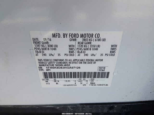 Aukcja sprzedaży 2017 Ford Explorer Xlt, vin: 1FM5K8D83HGA97126, numer aukcji: 44806701