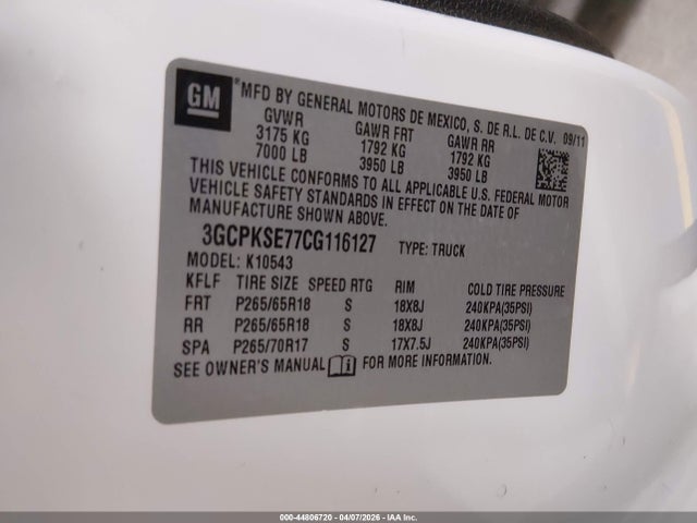 Продаж на аукціоні авто 2012 Chevrolet Silverado 1500 Lt, vin: 3GCPKSE77CG116127, номер лоту: 44806720