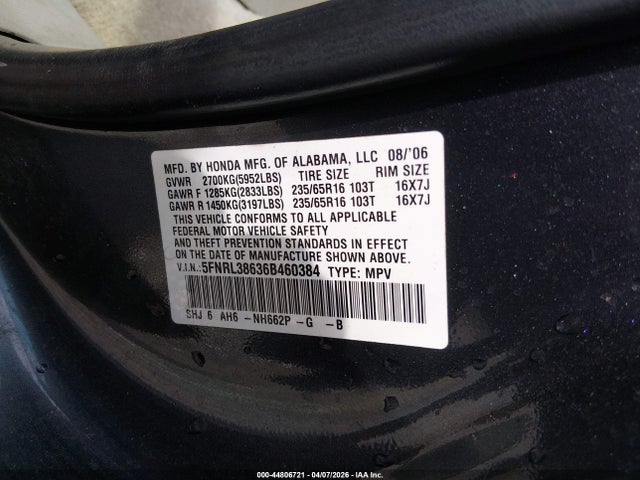 44806721 :رقم المزاد ، 5FNRL38636B460384 vin ، 2006 Honda Odyssey Ex-l مزاد بيع