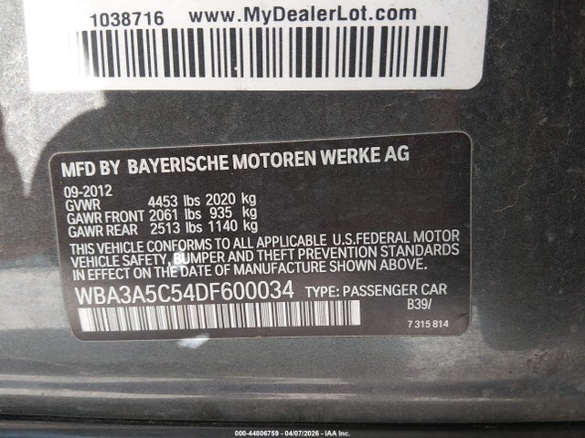 2013 Bmw 328i მანქანა იყიდება აუქციონზე, vin: WBA3A5C54DF600034, აუქციონის ნომერი: 44806759